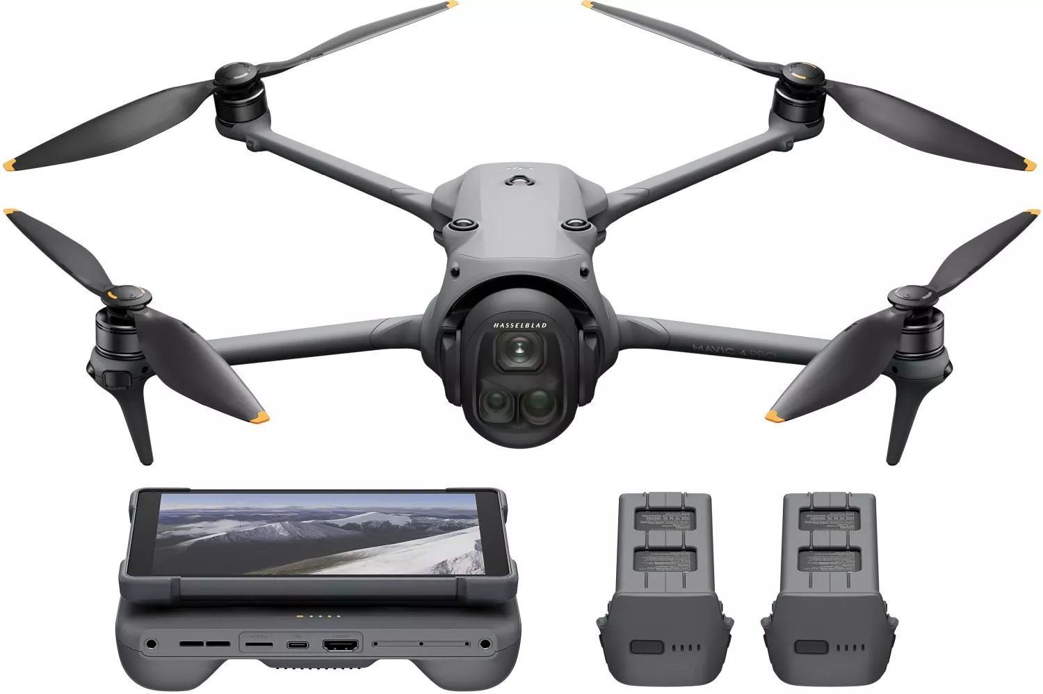 DJI Mavic 4 Pro 512 Go Creator Combo avec radiocommande Pro 2, drone phare à trois caméras avec capteur CMOS Hasselblad 4/3 de 100 Mpx, autonomie maximale de 51 minutes, trois batteries, station de charge, version professionnelle, gris